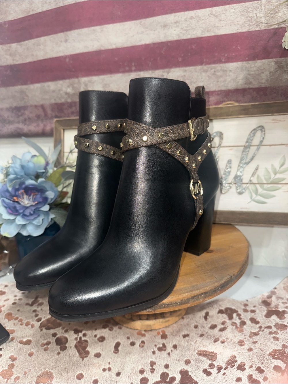 NWOT Michael Kors Black Leather Ankle Booties with Brown Studded Harness